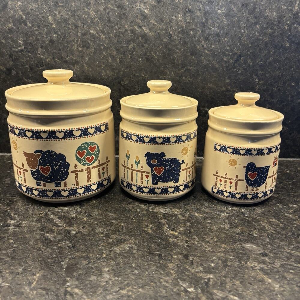 Vintage Ceramic Farm Animal Canister Set 3 Cookie Jar Country Kitchen